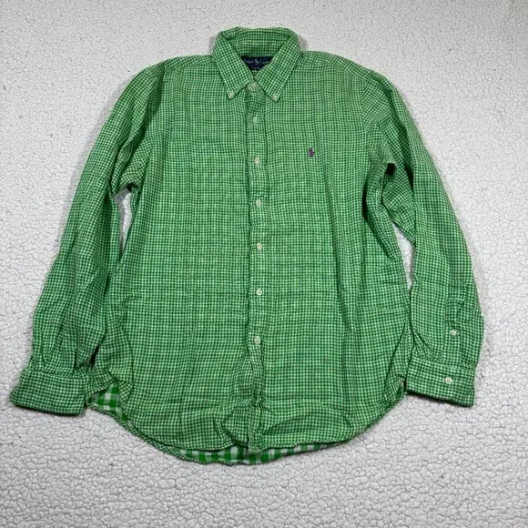 Ralph Lauren Shirt Mens Large Custom Green White Gingham Cotton Gauze Preppy - Picture 1 of 6